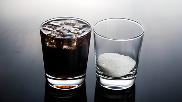 Dua gelas bening berdampingan di atas permukaan reflektif; gelas kiri berisi minuman bersoda berwarna gelap dengan es batu, gelas kanan berisi gula pasir putih dalam jumlah besar—menyoroti kandungan gula tinggi dalam satu porsi soda.